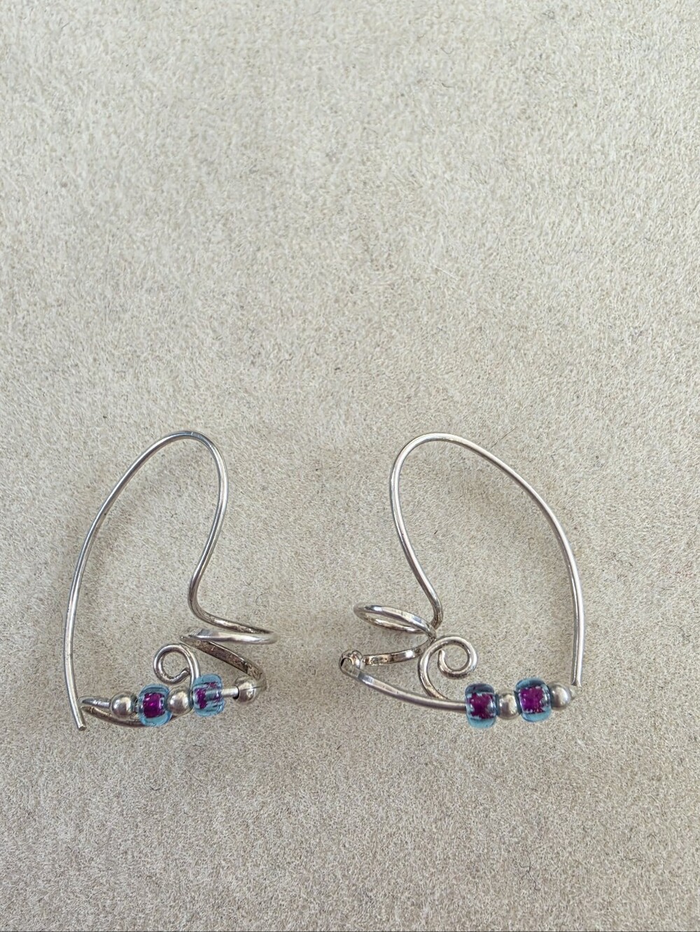 Handcrafted Sterling Silver Wire Earrings with Turquoise and Magenta Glass Beads